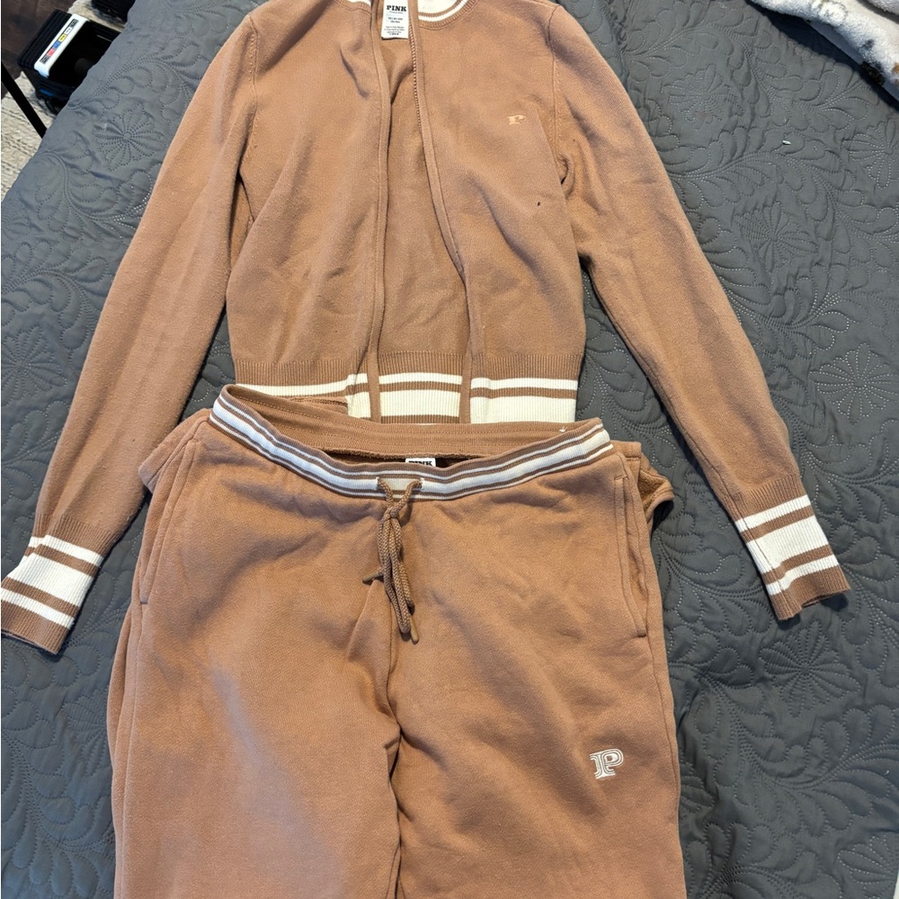Pink Brown Two-Piece Sweat Set - Cozy Zip Sweatshirt & Joggers